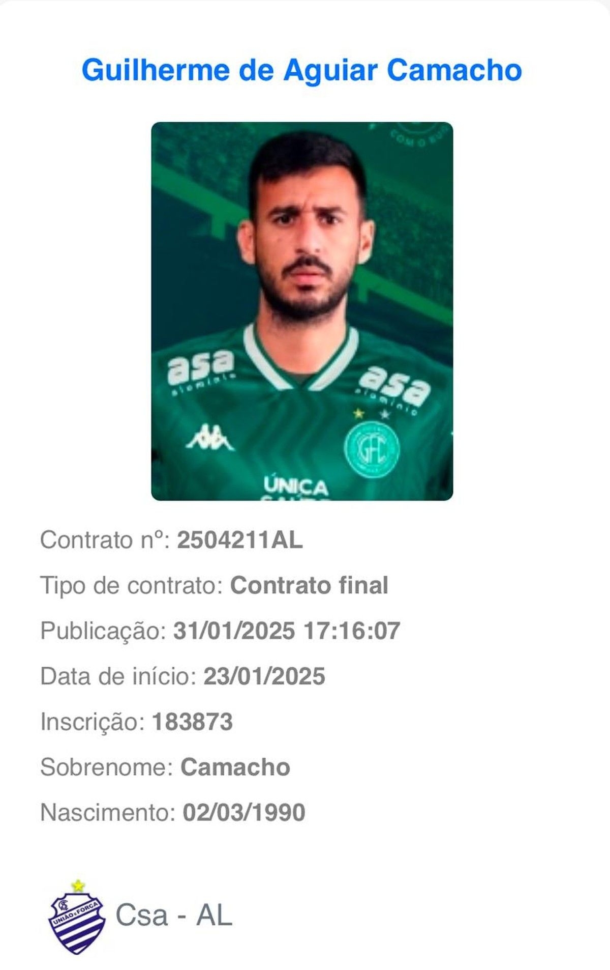 CSA regulariza 14º contratação para 2025 com Camacho