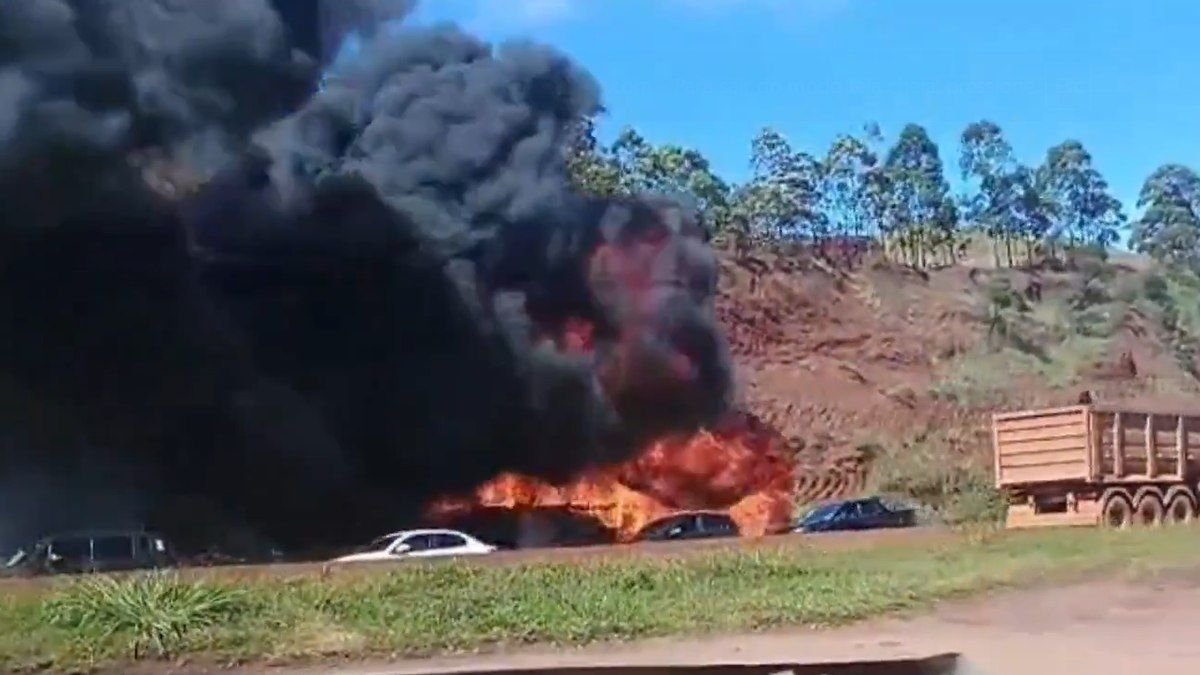 Ônibus clandestino pega fogo na Fernão Dias