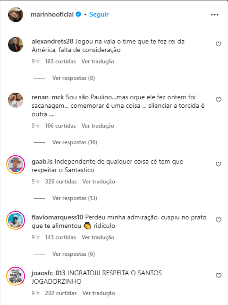 Torcida do Santos 'massacra' Marinho nas redes sociais após rebaixamento: "Ingrato"