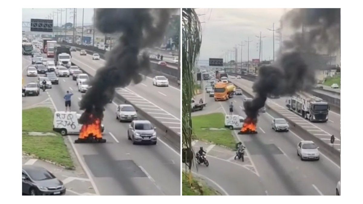 Homem incendeia pneus na via Dutra em incidente alarmante