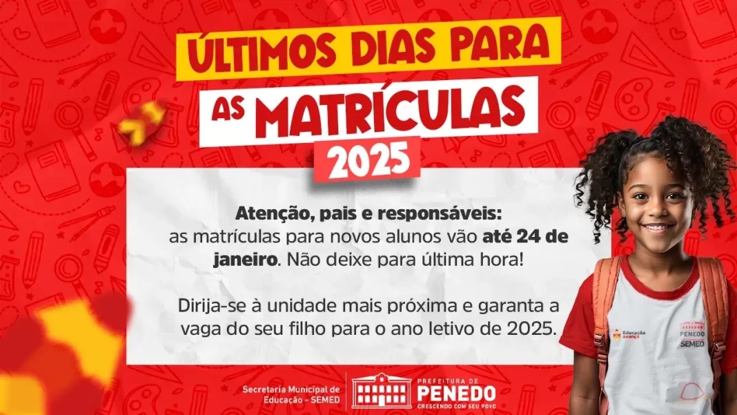 Matrícula para novato nas escolas da Prefeitura de Penedo termina na sexta-feira, 24