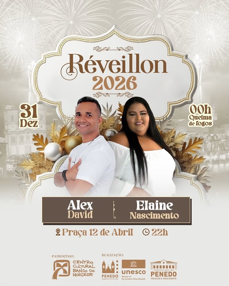 Réveillon 2026 em Penedo contará com shows de Alex David e Elaine Nascimento