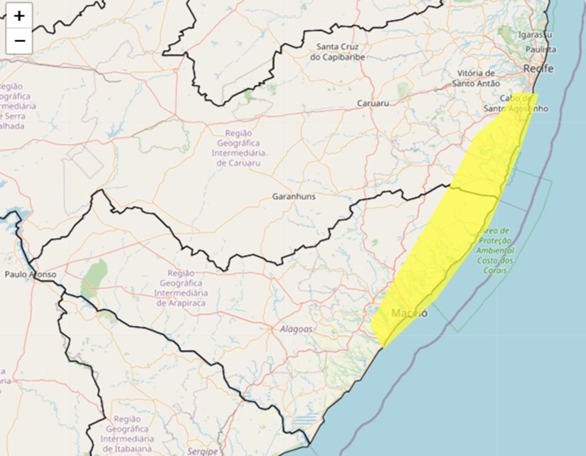 Previsão de chuvas fortes em Alagoas entre terça e quarta