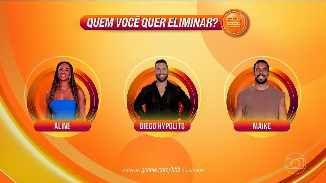Participantes Aline, Diego e Maike no 10º Paredão do BBB 25