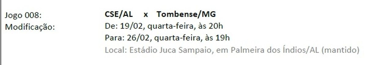 Mudança de data da partida do CSE na Copa do Brasil