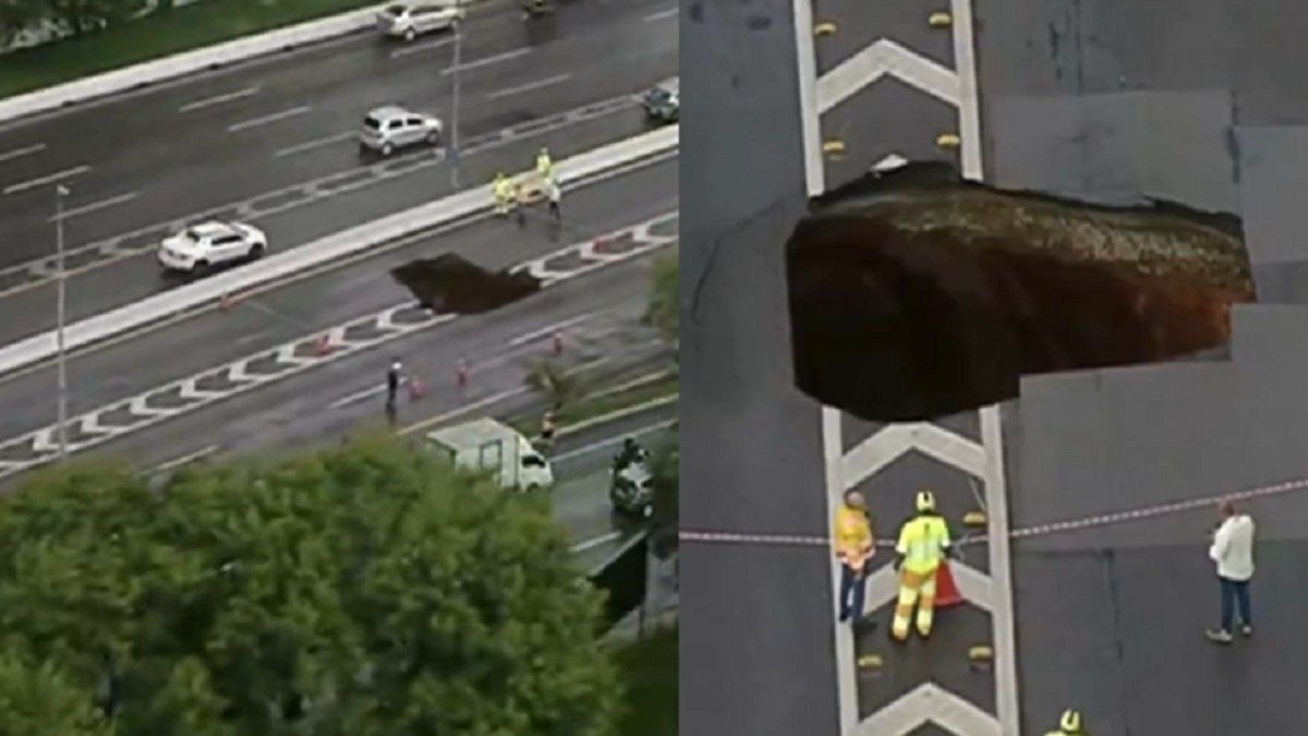 Rompimento de asfalto causa cratera na Marginal Tietê
