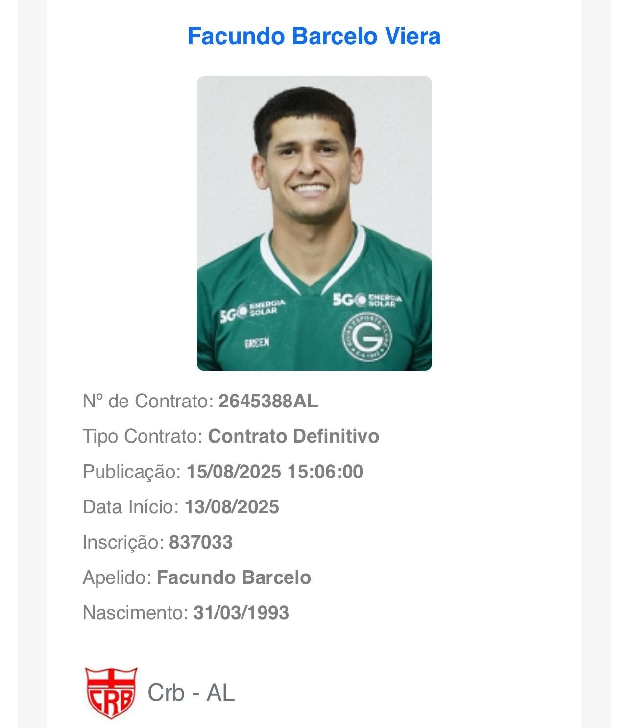 Facundo Barceló é a nova contratação do CRB em 2025