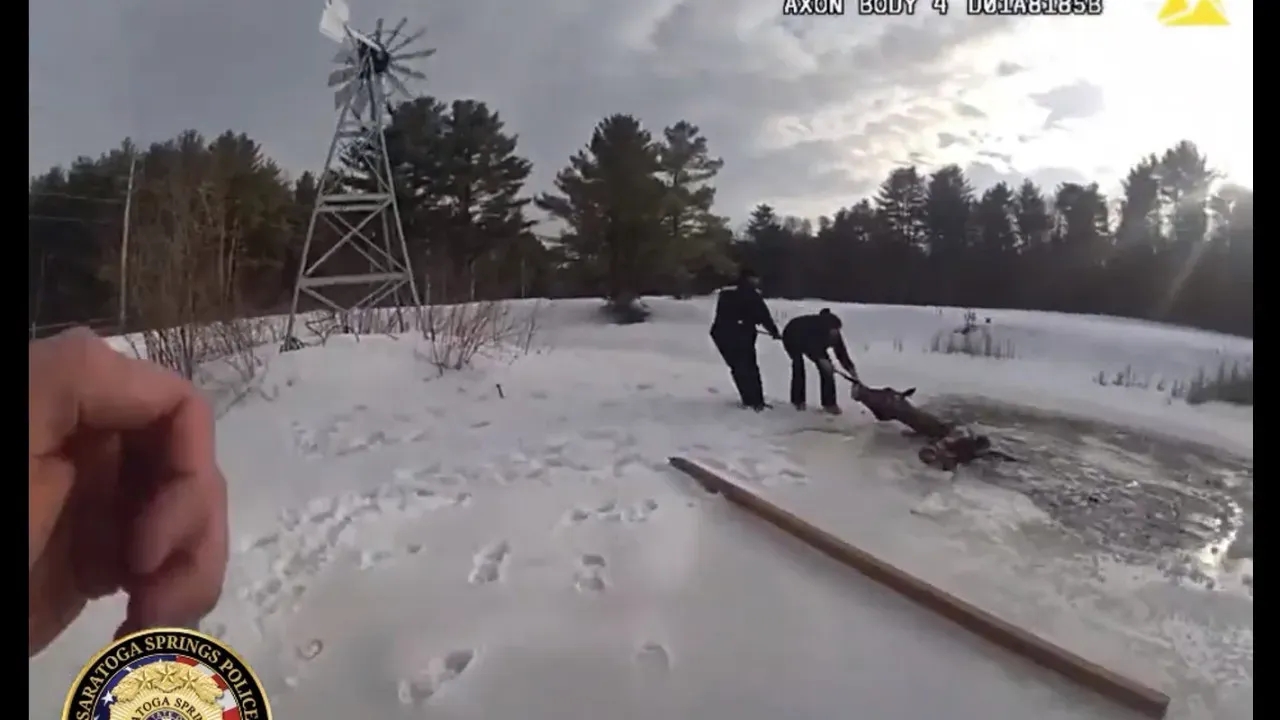 Cavalo resgatado de lago congelado nos EUA