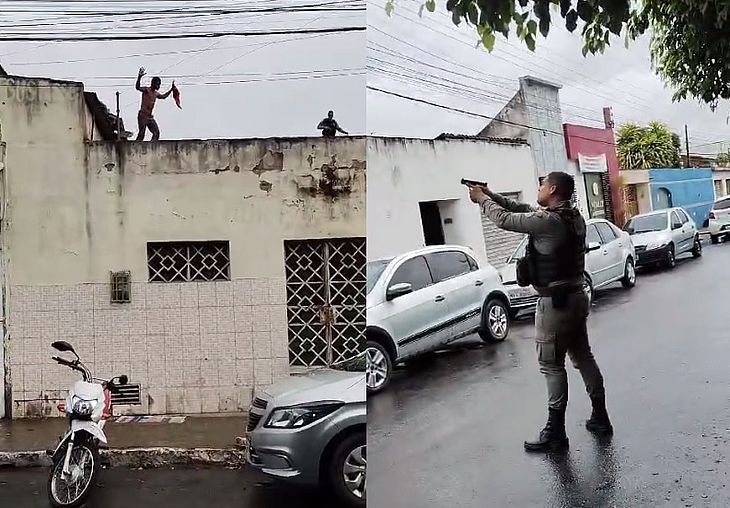 Vídeo mostra momento em que suspeito de furto é cercado em telhado e preso pela PM, em Arapiraca