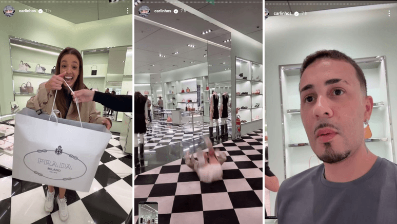 Bia do Brás ganha de Carlinhos Maia primeira bolsa de luxo e comemora com cambalhota em loja de grife